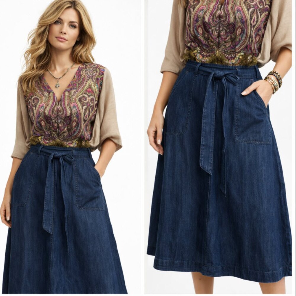 Talbots Blue Chambray Midi A-Line Skirt Tie Front Denim Size 6